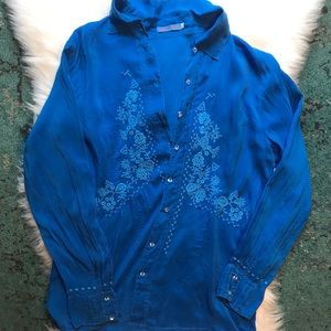 Johnny Was Embroidered Long Sleeve Blue Button Up